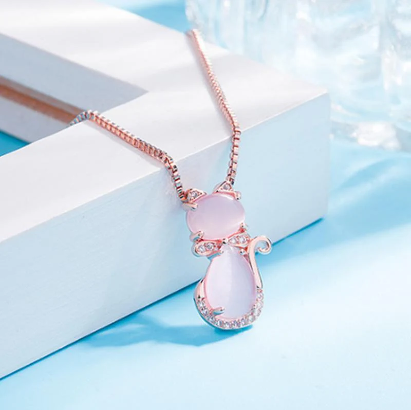 Pink stone lovely cat necklace with zircon - Image 4