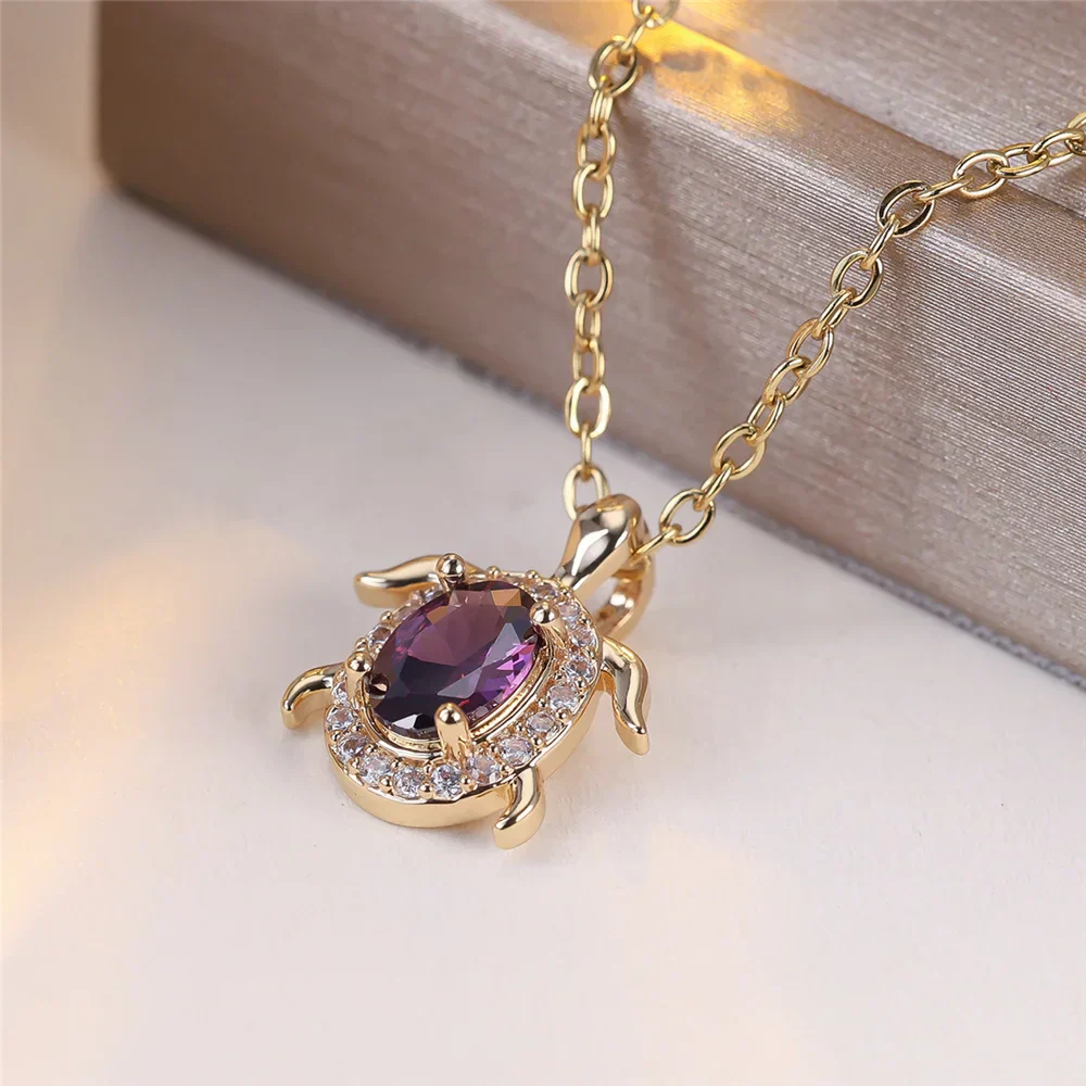 Purple Crystal Turtle Pendant Necklace - Image 3
