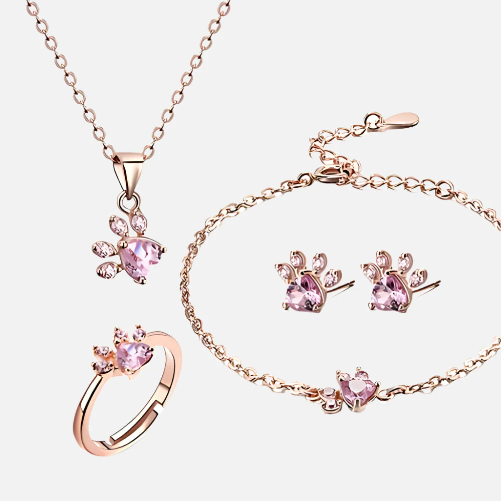 Rose Gold Paw Jewelry Set – 4 Pieces with Zirconia Heart (Ring, Necklace, Earrings, Bracelet)