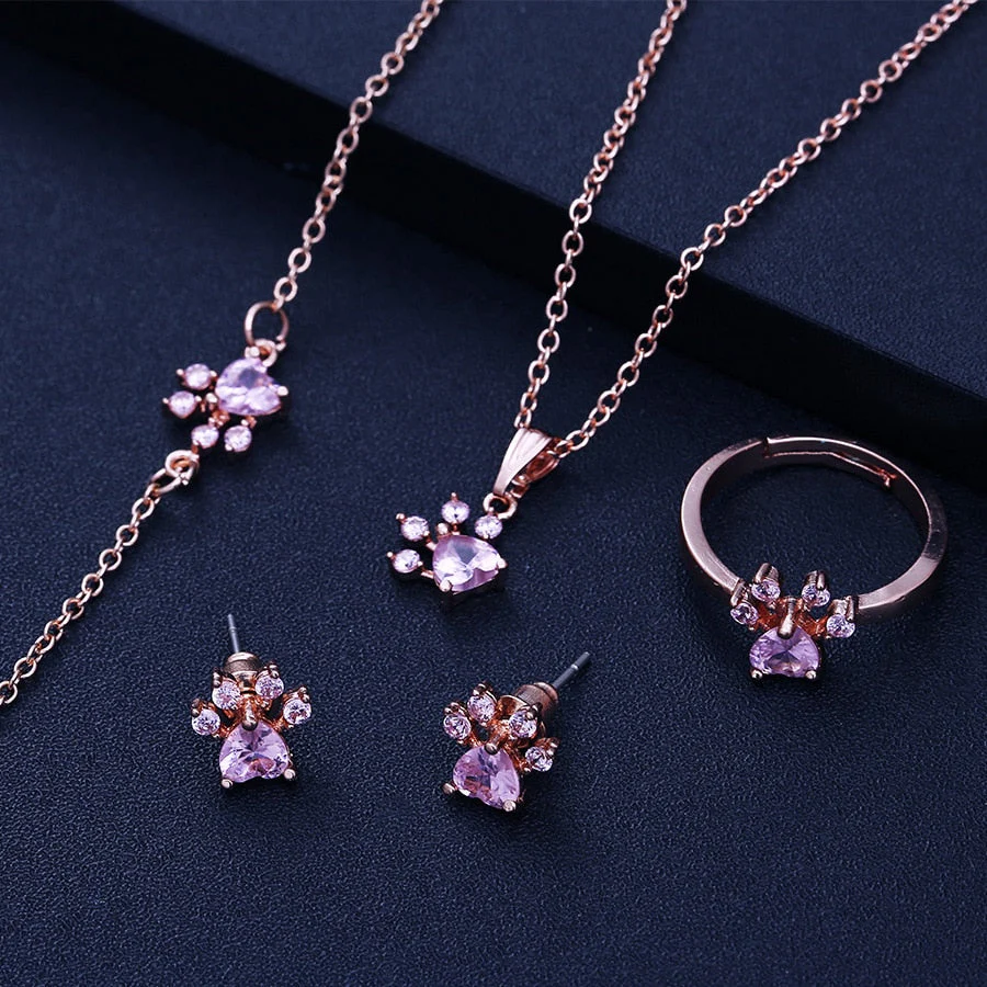 Rose Gold Paw Jewelry Set – 4 Pieces with Zirconia Heart (Ring, Necklace, Earrings, Bracelet) - Image 2