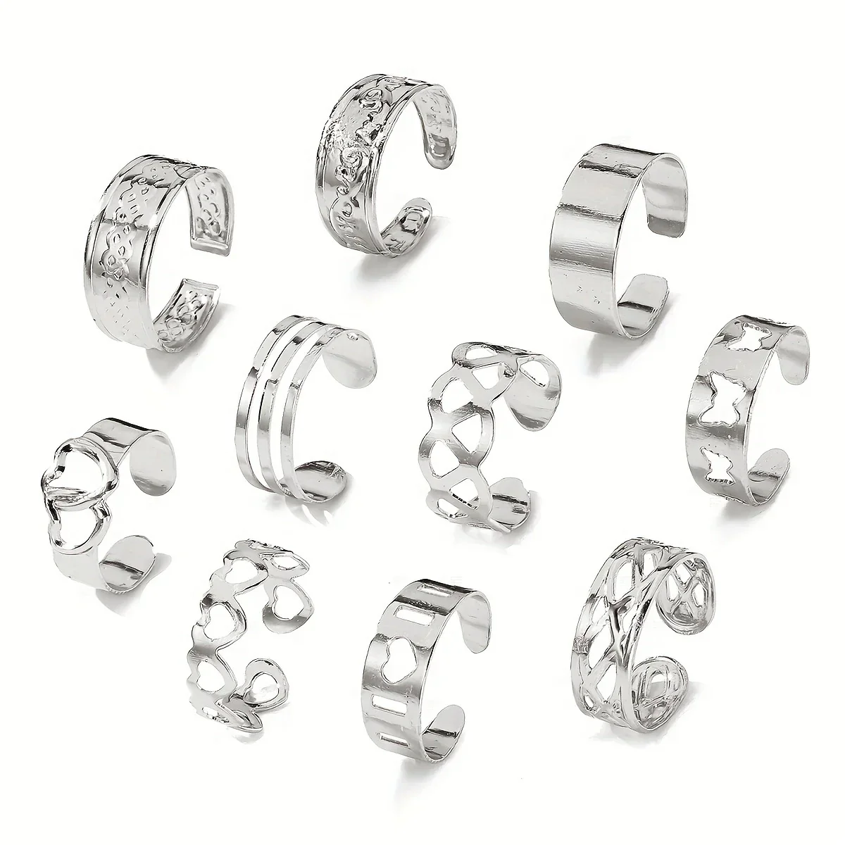 Set of 10 Bohemian Style Toe Rings with Various Shapes - Image 3
