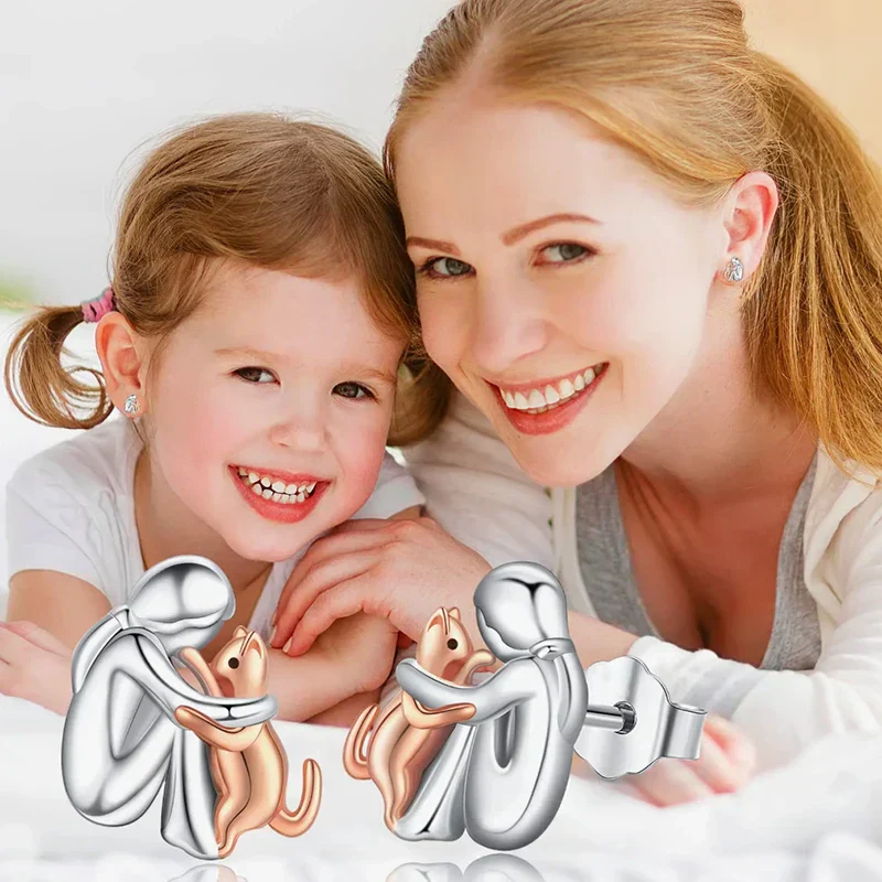 Silver and Gold Two-Tone Cat Hug Earrings - Image 2