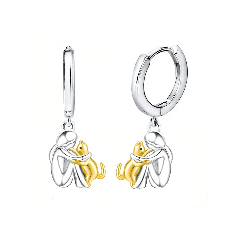Silver and Gold Two-Tone Cat Hug Earrings - Image 4