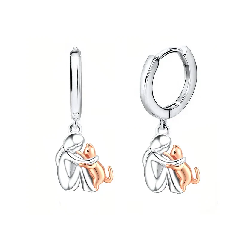 Silver and Gold Two-Tone Cat Hug Earrings - Image 5