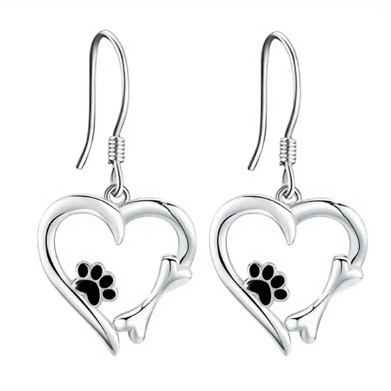 Silver Drop Earrings with Heart & Paw Design - Image 3