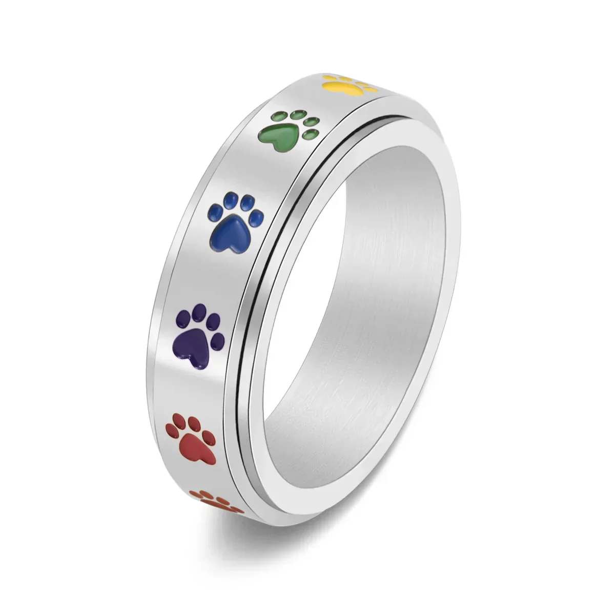 Spinning Stress Reducing Paw Ring – Stainless Steel with Rainbow Paws - Image 5