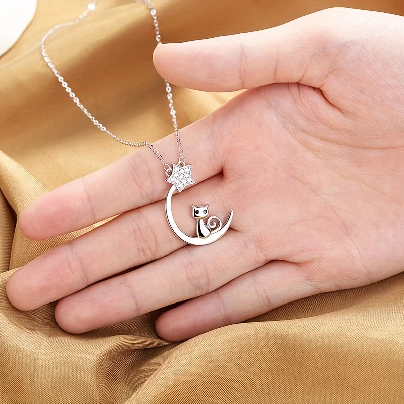 Sterling Silver Cat Moon Star Necklace - Image 2