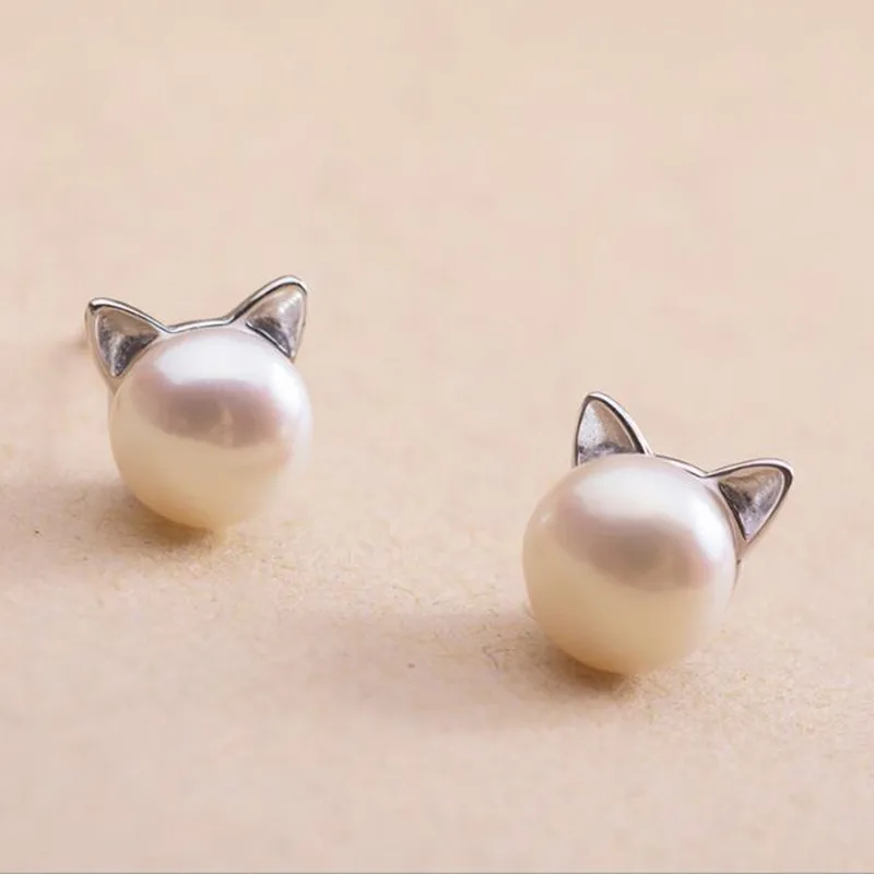 Sterling Silver Cat Pearl Stud Earrings - Image 2