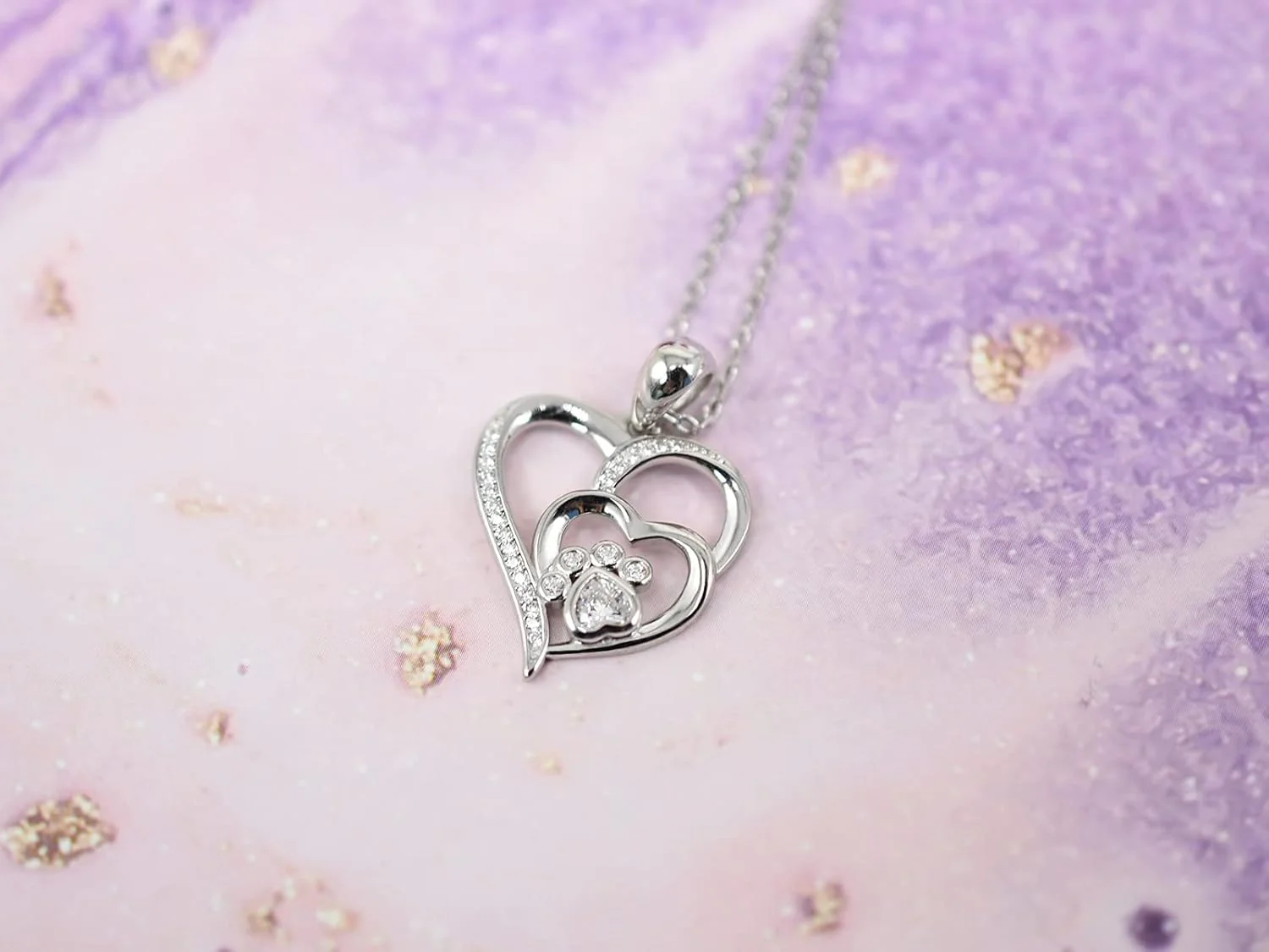 Sterling Silver Paw & Heart Necklace with Zirconia - Image 2