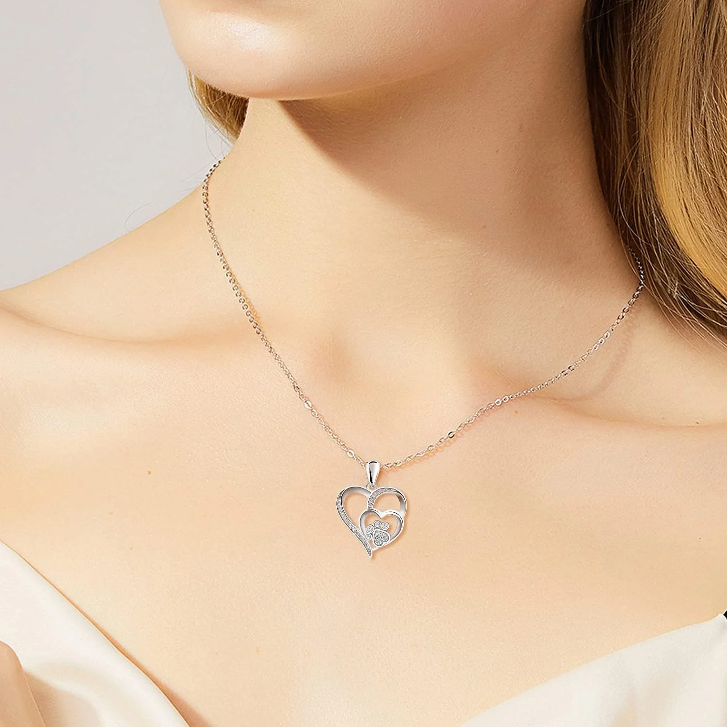 Sterling Silver Paw & Heart Necklace with Zirconia - Image 4