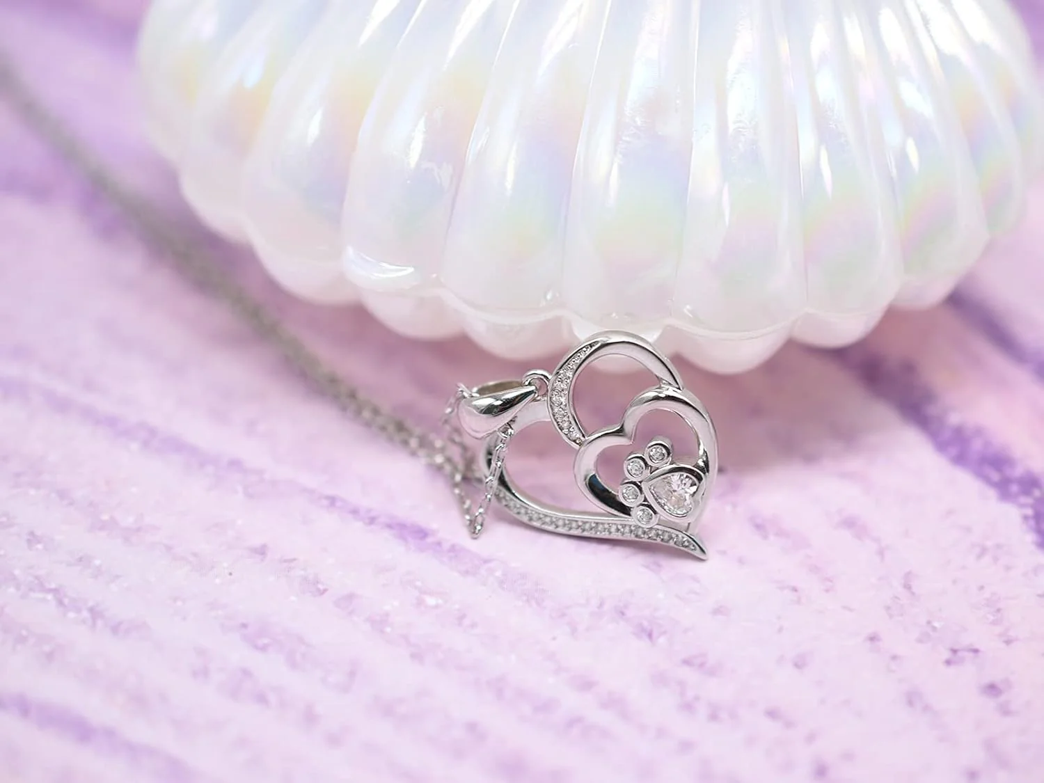 Sterling Silver Paw & Heart Necklace with Zirconia - Image 5