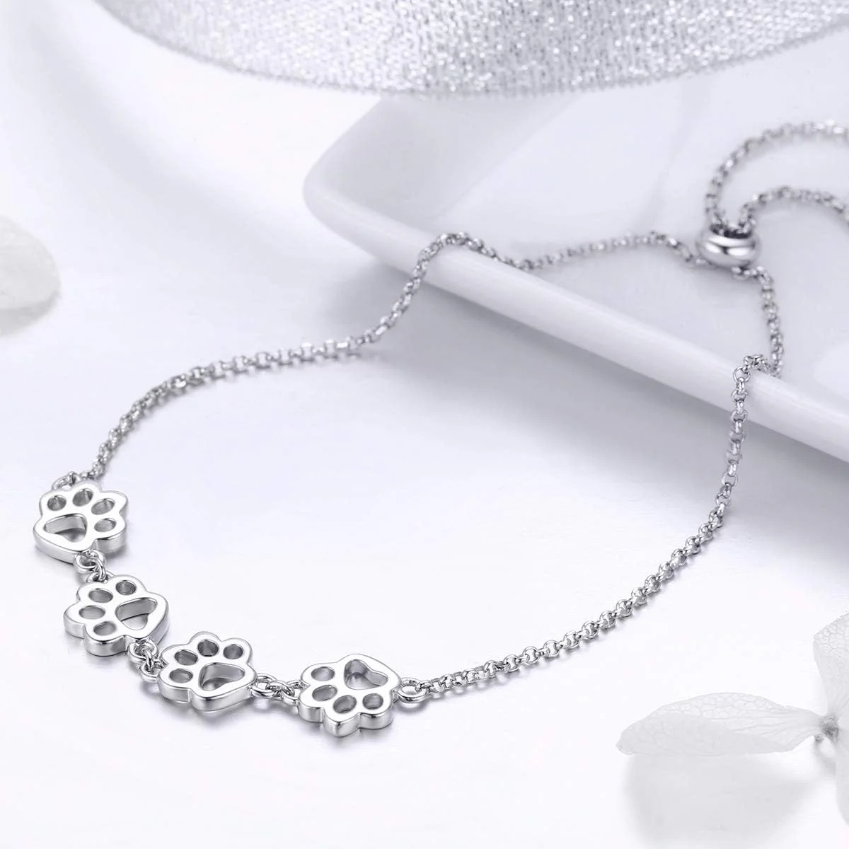 Sterling Silver Paw Print Bracelet – Adjustable Fit