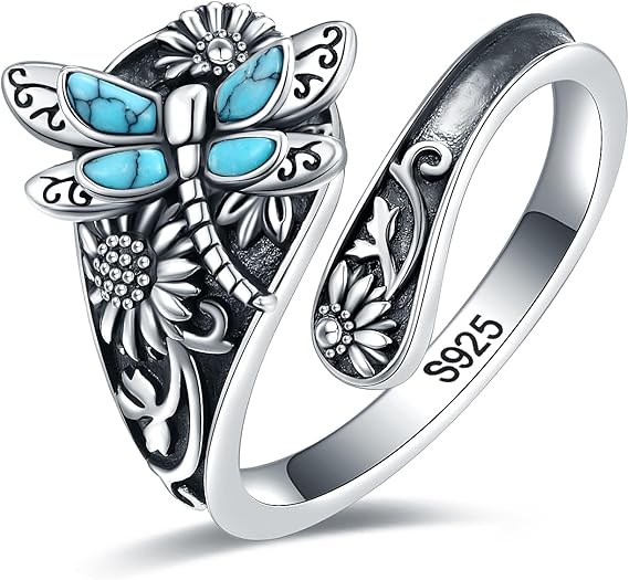 Sterling Silver Turquoise Spoon Ring – Vintage Boho Wrap Ring with Dragonfly - Image 2