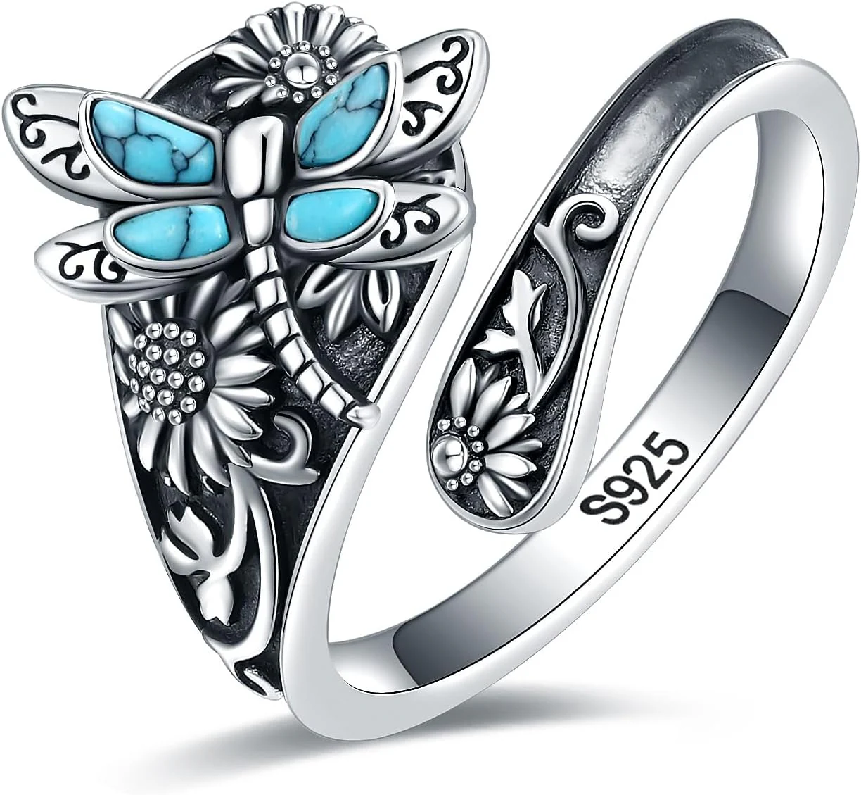 Sterling Silver Turquoise Spoon Ring – Vintage Boho Wrap Ring with Dragonfly - Image 3