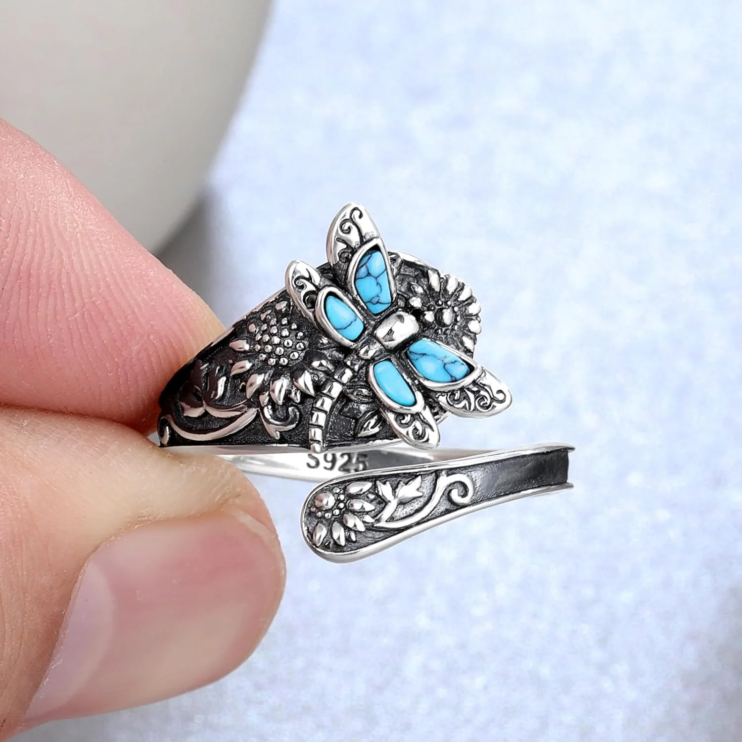 Sterling Silver Turquoise Spoon Ring – Vintage Boho Wrap Ring with Dragonfly - Image 4