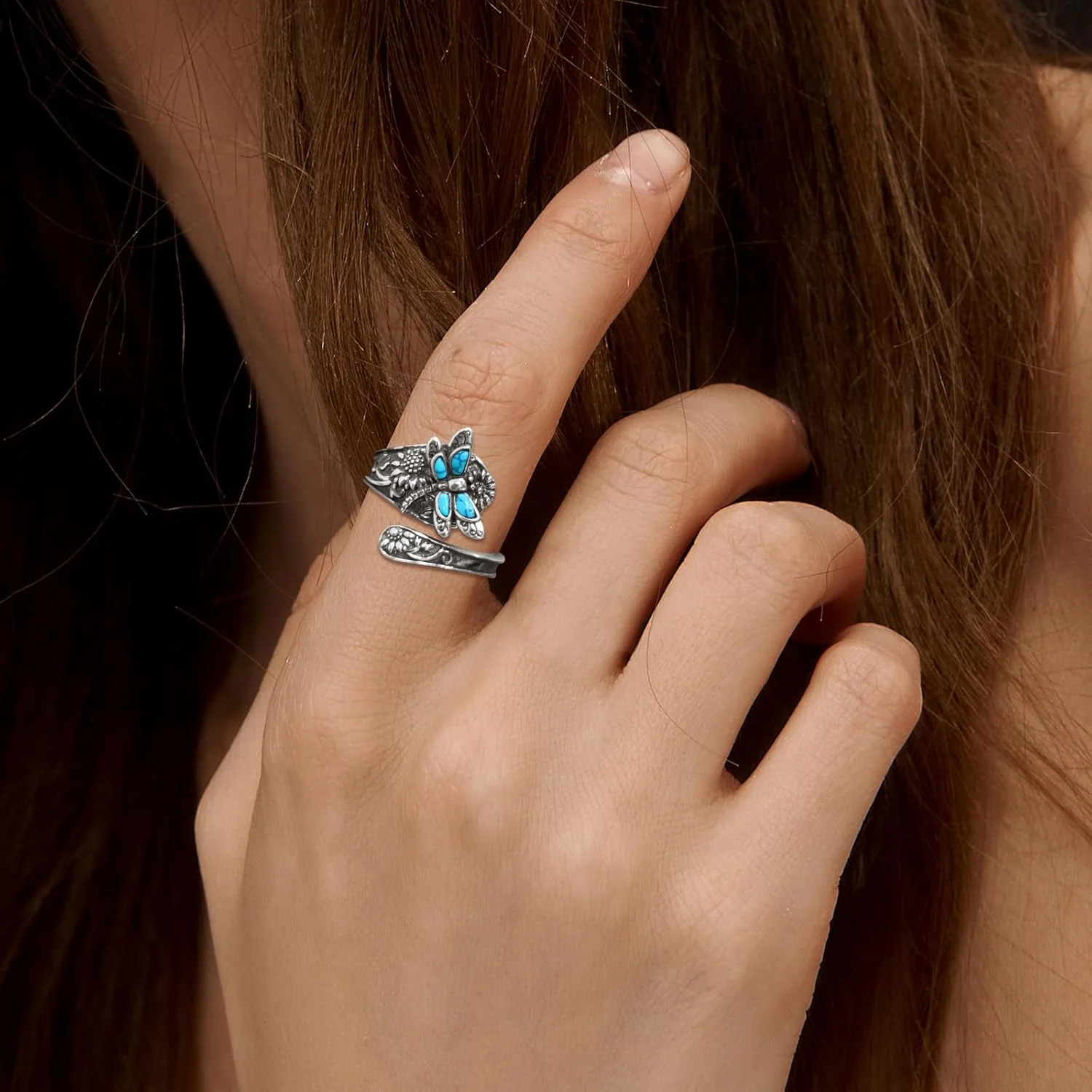 Sterling Silver Turquoise Spoon Ring – Vintage Boho Wrap Ring with Dragonfly - Image 5