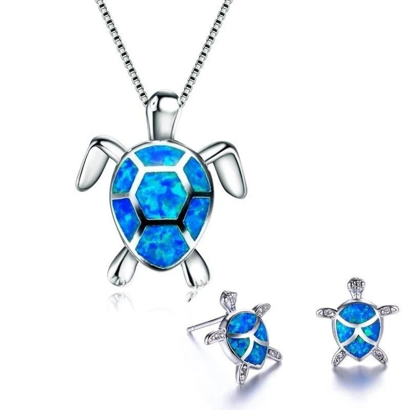 Turtle Necklace + Earrings Set in Opal and Silver - Image 3