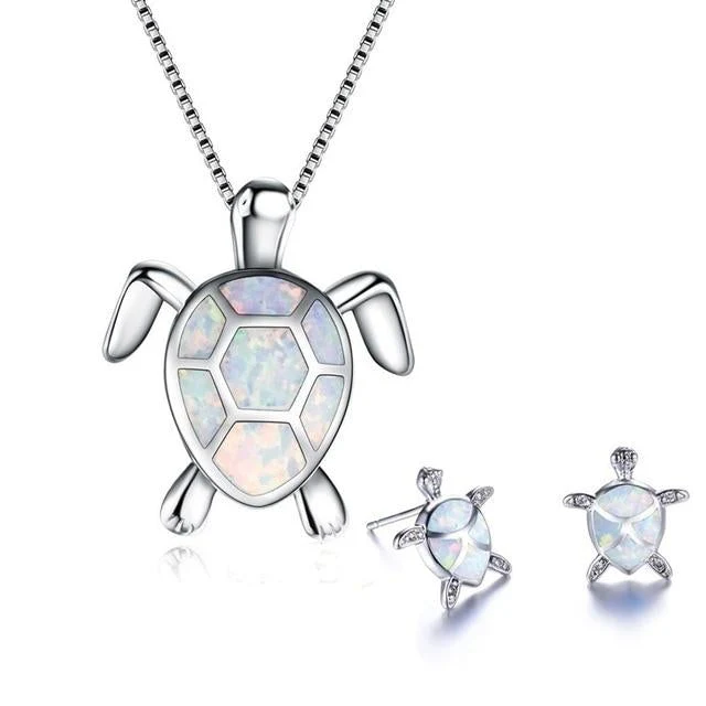 Turtle Necklace + Earrings Set in Opal and Silver - Image 4