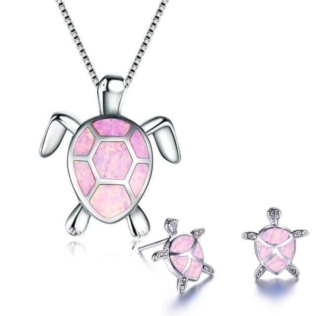Turtle Necklace + Earrings Set in Opal and Silver - Image 5