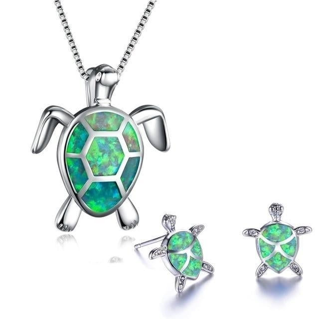 Turtle Necklace + Earrings Set in Opal and Silver - Image 6