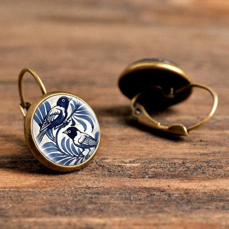 Vintage Blue Magpie Glass Dome Earrings - Image 2