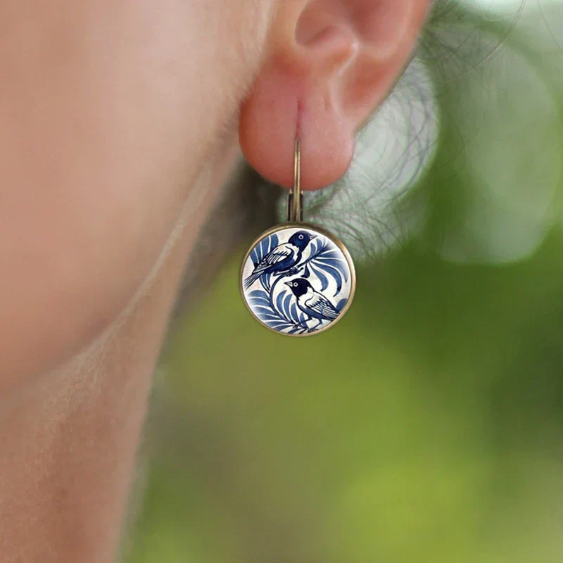 Vintage Blue Magpie Glass Dome Earrings - Image 3