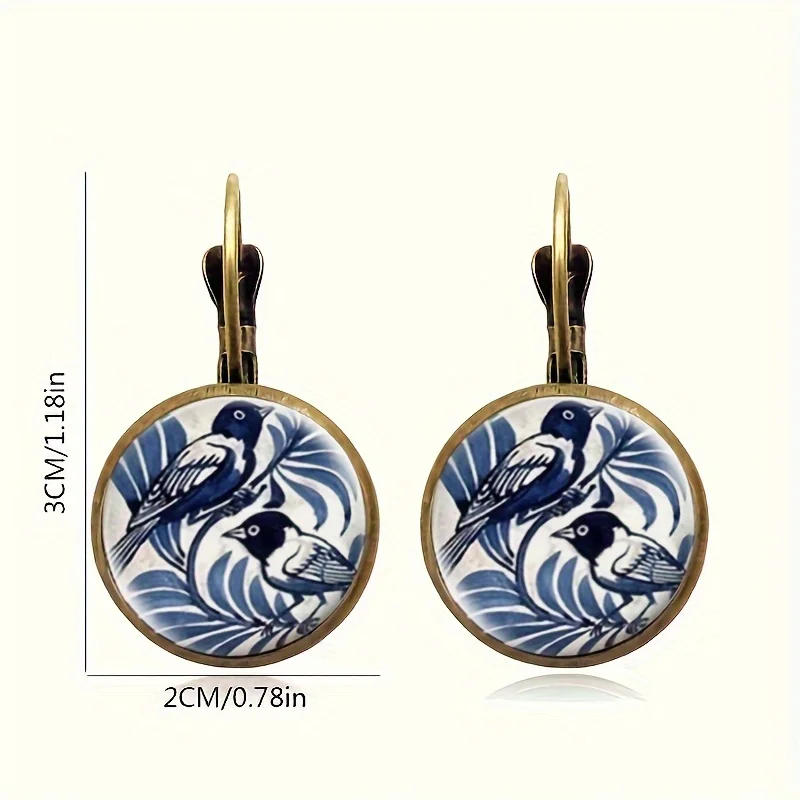Vintage Blue Magpie Glass Dome Earrings - Image 5
