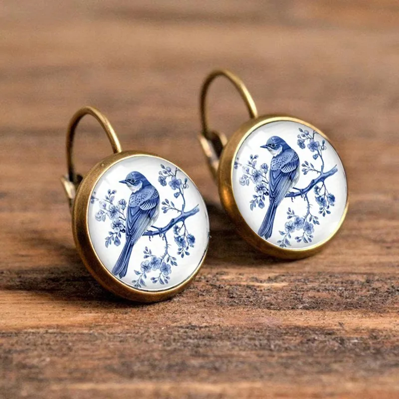 Vintage Blue Magpie Glass Dome Earrings - Image 6