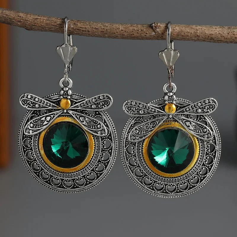 Vintage Green Zirconia Dragonfly Earrings