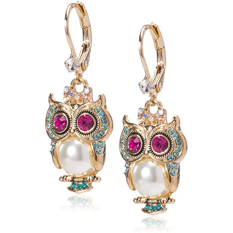 Vintage Owl Crystal Earrings – Gold-Plated, Hand-Set Crystals & Pearl Detail - Image 2