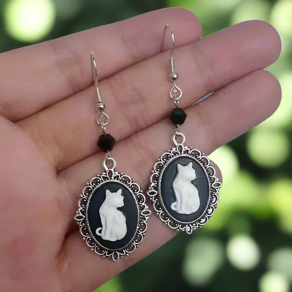 Vintage White Cat Drop Earrings – Silver Frame Jewelry for Women - Image 2