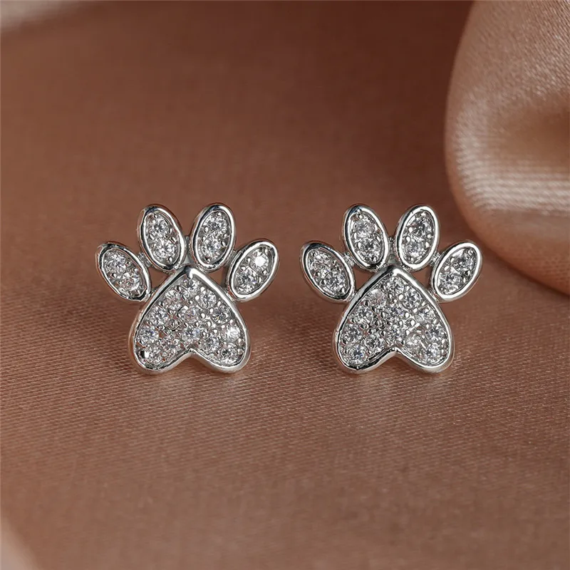 White Zirconia Paw Studs – Heart-Shaped Design - Image 3